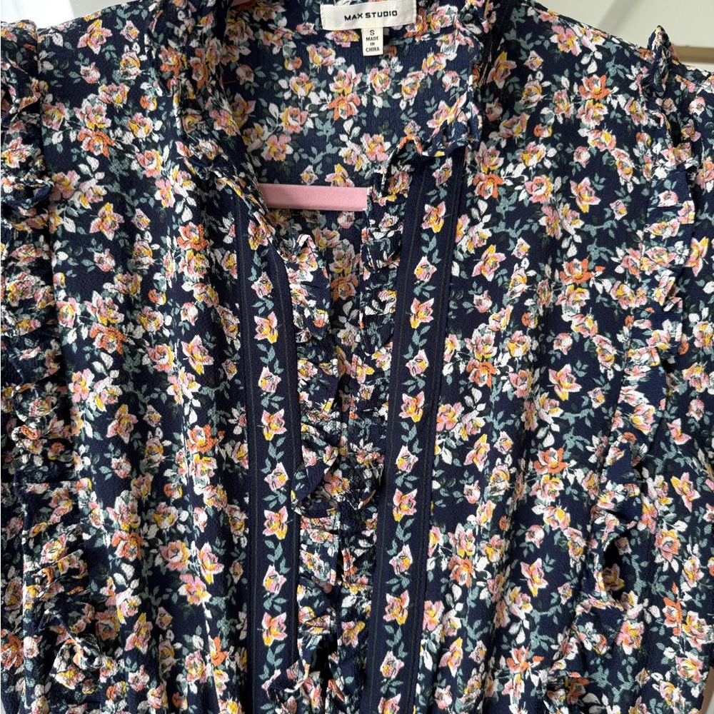 Max Studio Navy Floral Ruffle Maxi Dress | Size Small | Boho Cottagecore - Picture 4 of 8